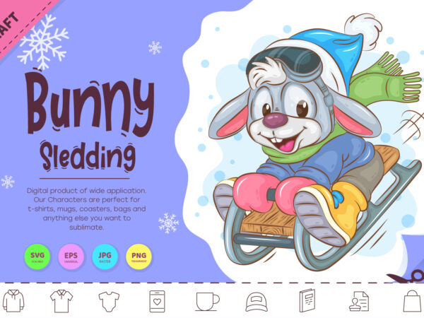 Cartoon bunny sledding. clipart t shirt vector file
