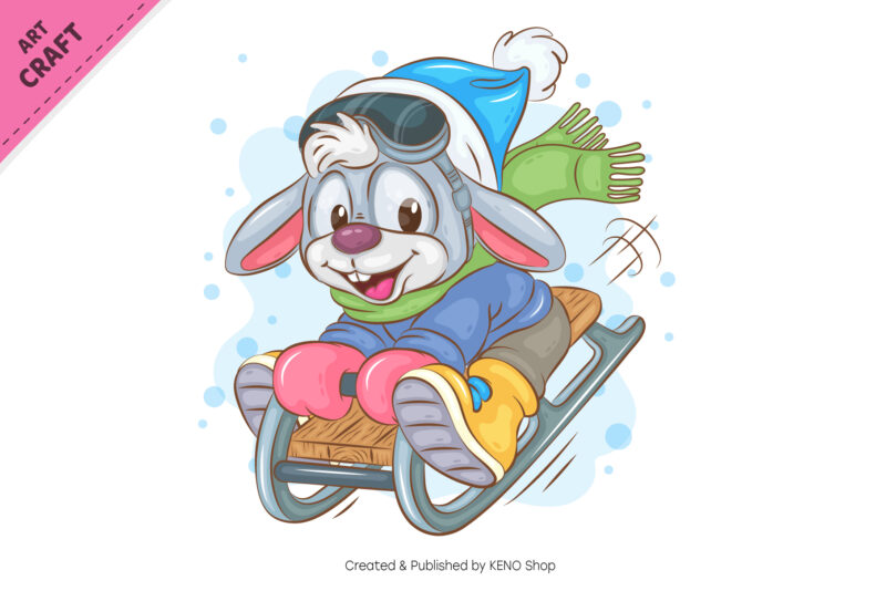 Cartoon Bunny Sledding. Clipart