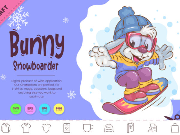 Cartoon bunny snowboarder. clipart t shirt vector file