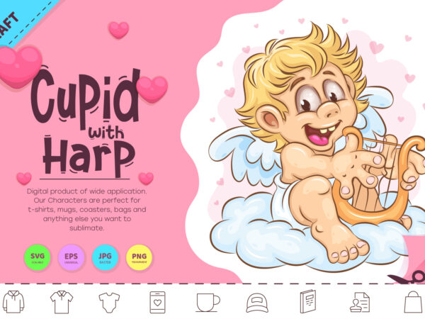 Cartoon cupid with harp. clipart t shirt vector file