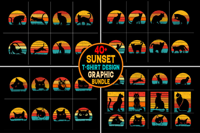 Cat Retro Vintage Sunset T-Shirt Graphic Bundle