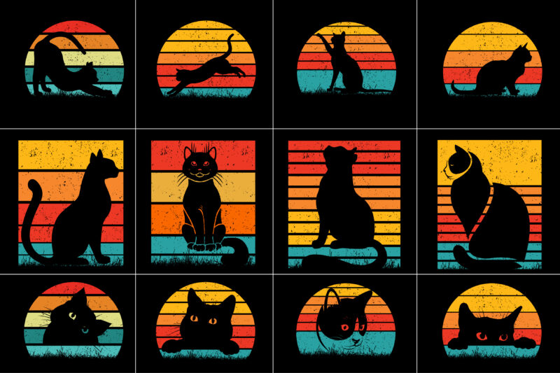 Cat Retro Vintage Sunset T-Shirt Graphic Bundle