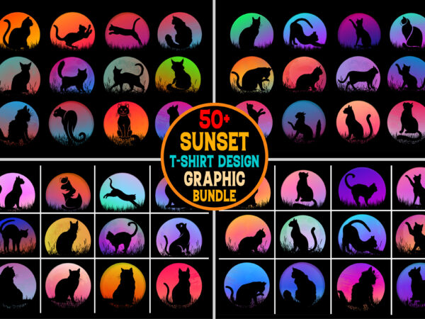 Cat sunset t-shirt design graphic bundle