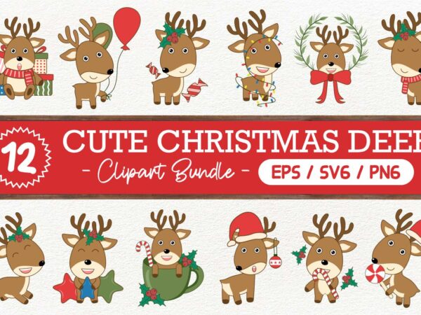 Cute christmas deer clipart bundle, christmas deer svg pack t shirt vector file