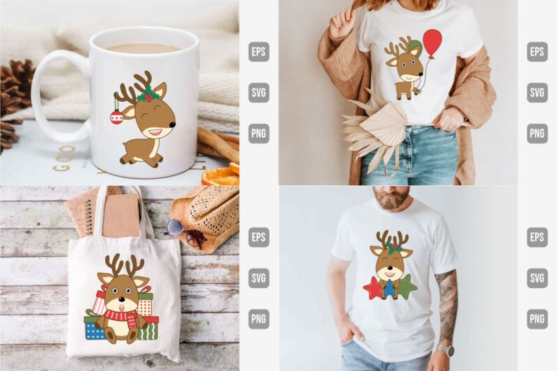 Cute Christmas Deer Clipart Bundle, Christmas deer SVG Pack