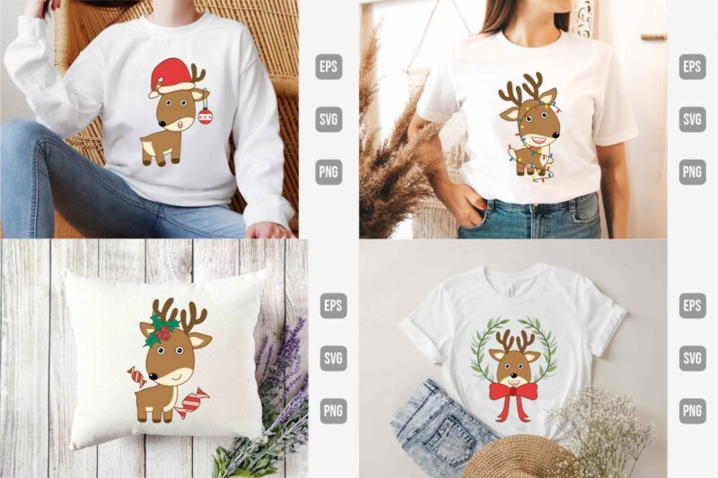 Cute Christmas Deer Clipart Bundle, Christmas deer SVG Pack