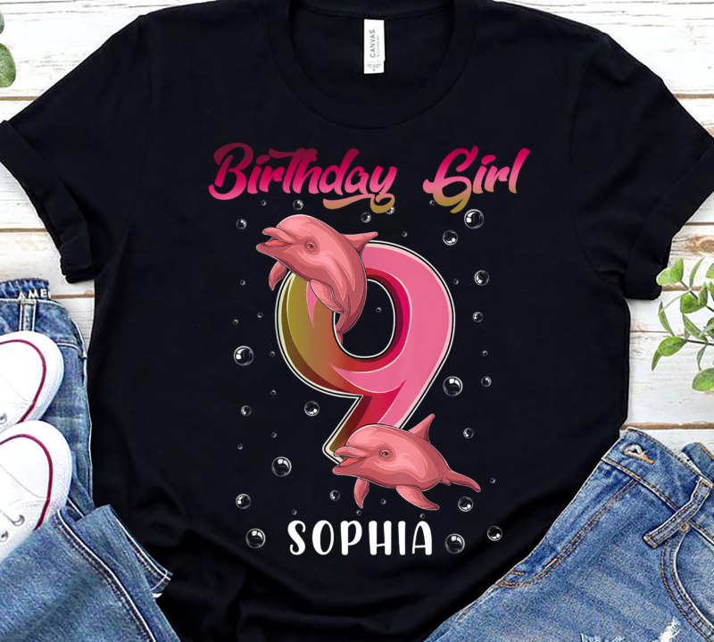 Custom Birthday Girl Years Old Dolphin T-Shirt, Birthday Dolphin, Birthday Gift, Birthday Boy, Birthday Party PNG File TC