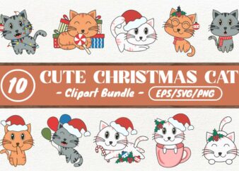 Cute Christmas Cat Clipart Bundle, Christmas Baby Animal Vector
