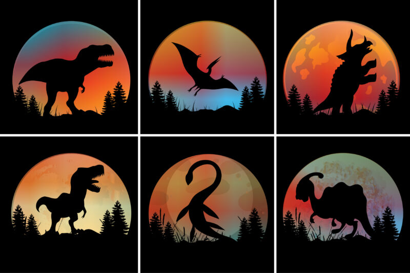 Dinosaur Sunset Colorful T-Shirt Graphic Bundle