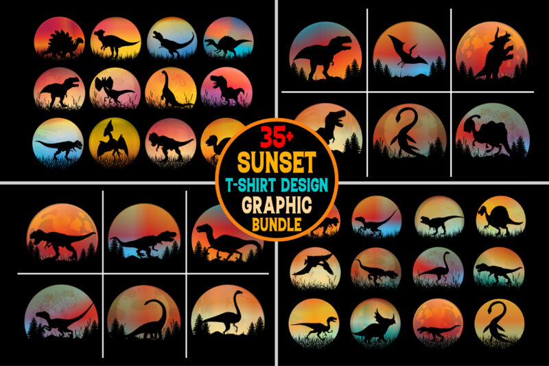 Dinosaur Sunset Colorful T-Shirt Graphic Bundle