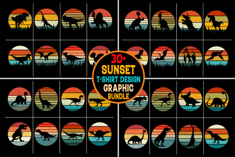 Dinosaur Retro Vintage Sunset T-Shirt Graphic Bundle