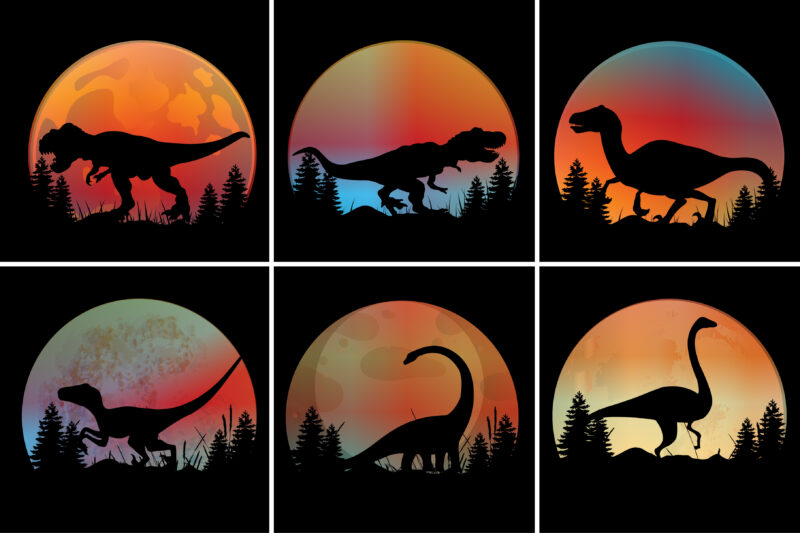 Dinosaur Sunset Colorful T-Shirt Graphic Bundle