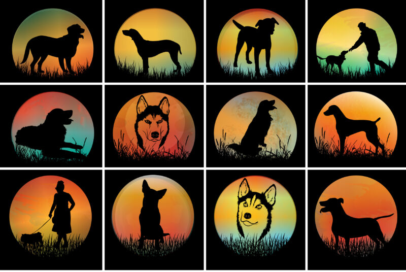 Dog Sunset Colorful T-Shirt Graphic Bundle