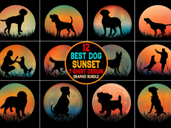 Dog sunset t-shirt design graphic bundle