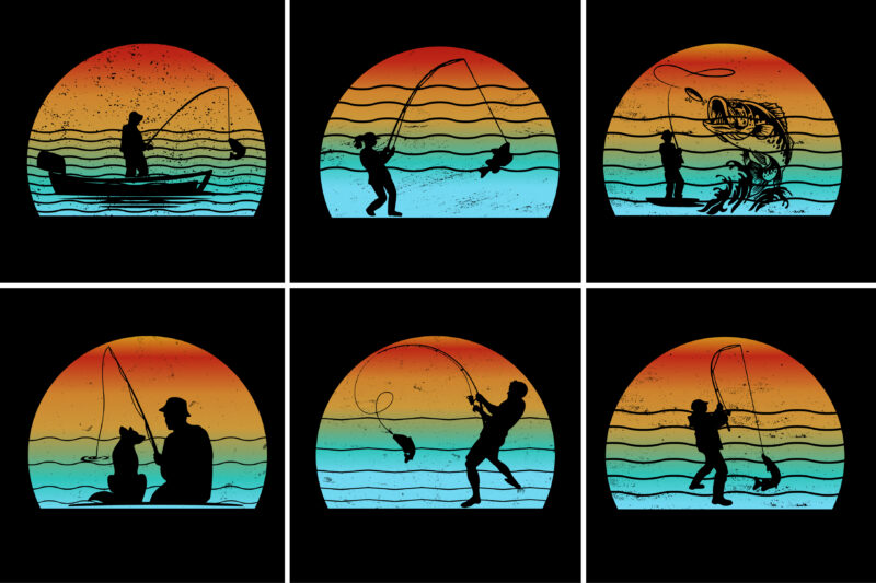 Fishing Retro Vintage Sunset T-Shirt Graphic Bundle