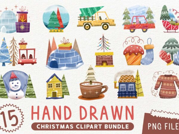 Hand drawn christmas watercolor png clipart bundle graphic t shirt