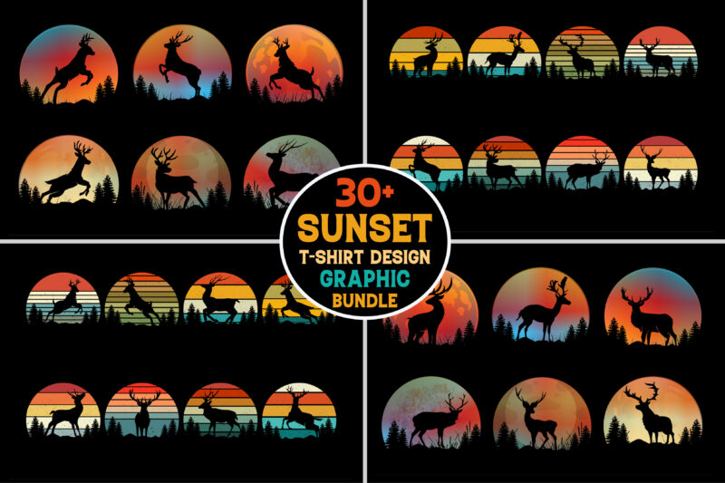 Reindeer Retro Vintage Sunset Bundle For T-Shirt