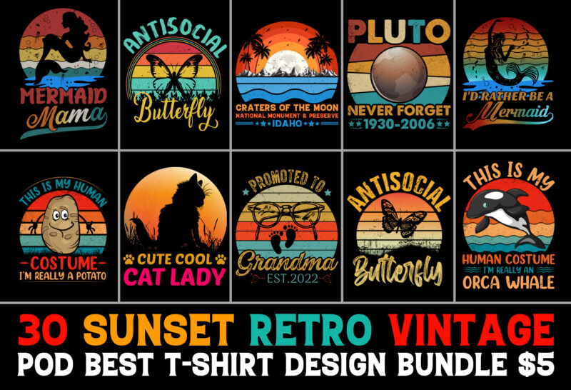 120 Retro Vintage Sunset T-Shirt Design Mega Bundle