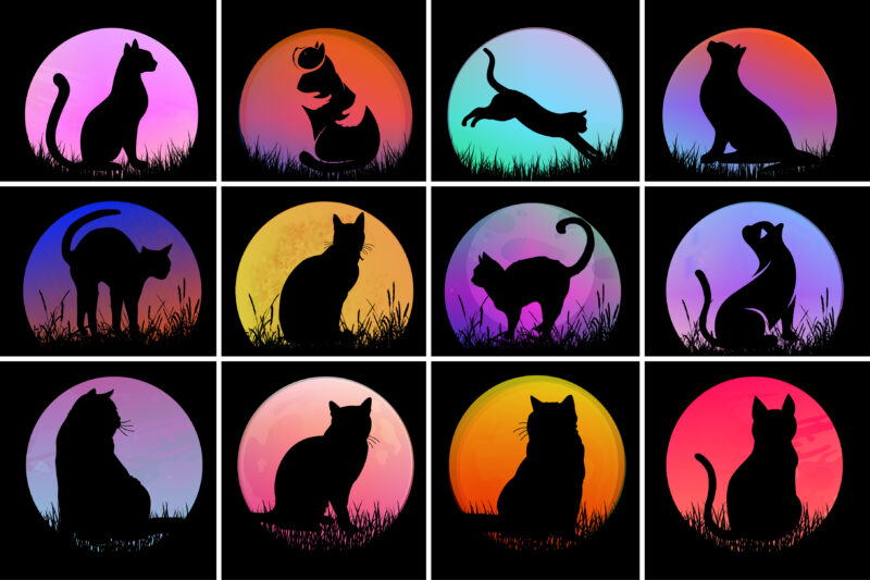 Cat Sunset T-Shirt Design Graphic Bundle