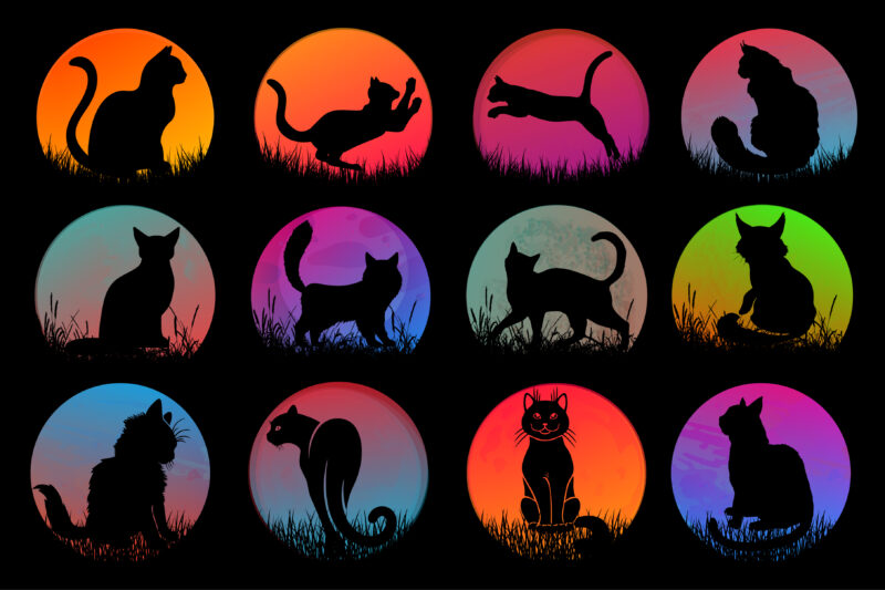 Cat Sunset T-Shirt Design Graphic Bundle