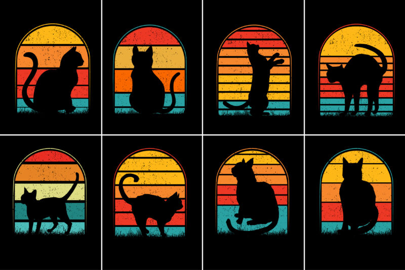 Cat Retro Vintage Sunset T-Shirt Graphic Bundle