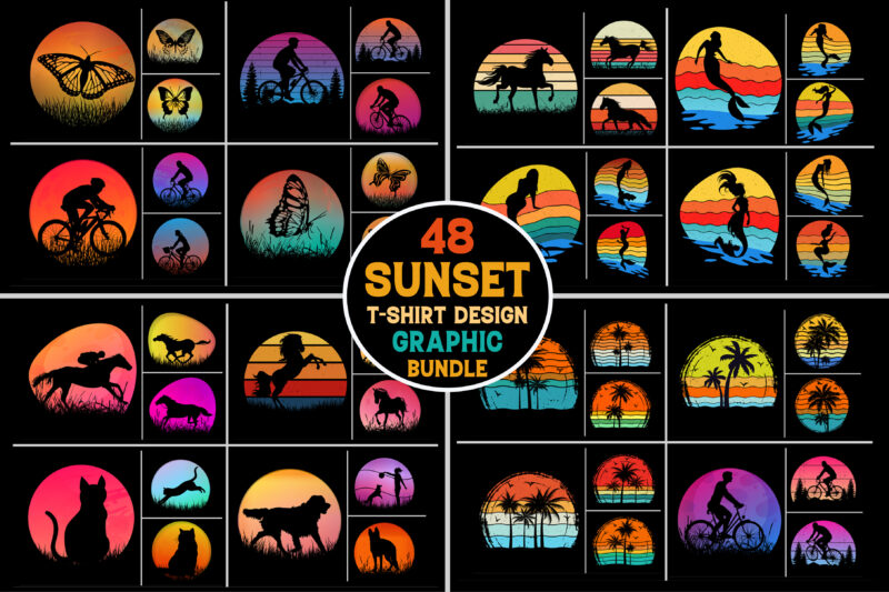 Retro Vintage Sunset T-Shirt Design Graphic Vector Background Bundle