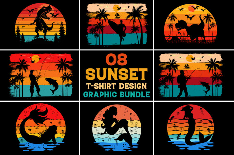 Retro Vintage Sunset T-Shirt Design Graphic Vector Background Bundle