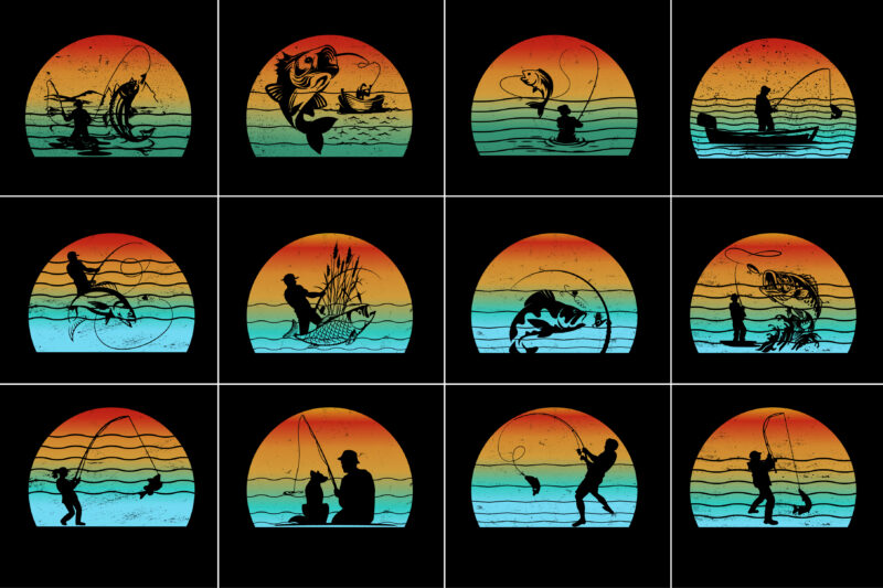 Fishing Retro Vintage Sunset T-Shirt Graphic Bundle