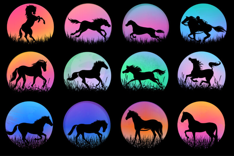 Horse Sunset Colorful T-Shirt Graphic Bundle