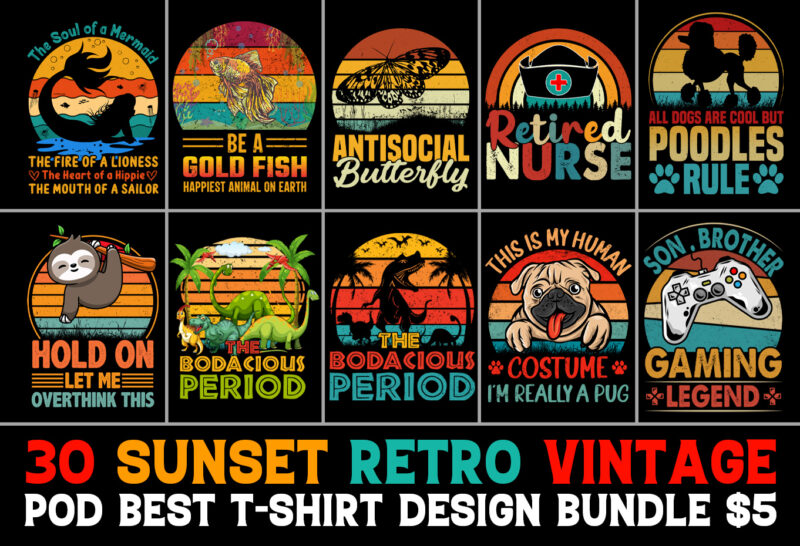 120 Retro Vintage Sunset T-Shirt Design Mega Bundle