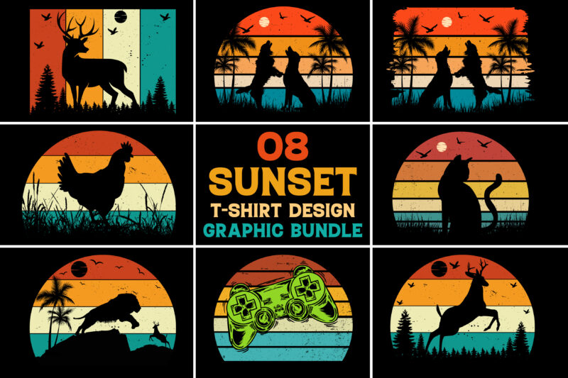 Sunset Retro Vintage T-Shirt Design Graphic Vector Bundle