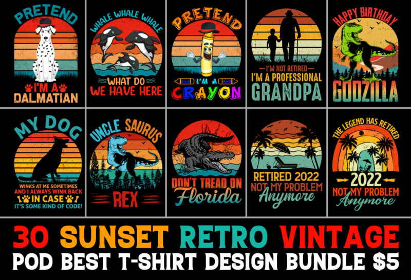 120 Retro Vintage Sunset T-Shirt Design Mega Bundle