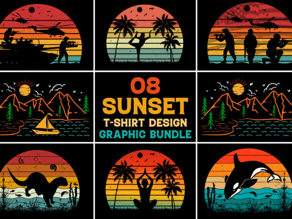 Sunset retro vintage t-shirt design graphic vector background bundle