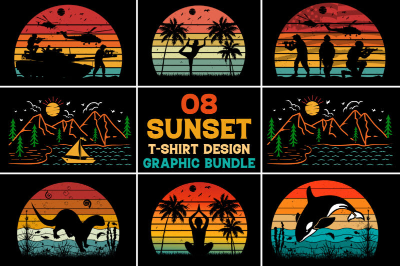 Sunset Retro Vintage T-Shirt Design Graphic Vector Background Bundle