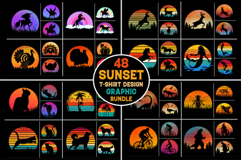 Sunset Retro Vintage T-Shirt Design Graphic Vector Background Bundle