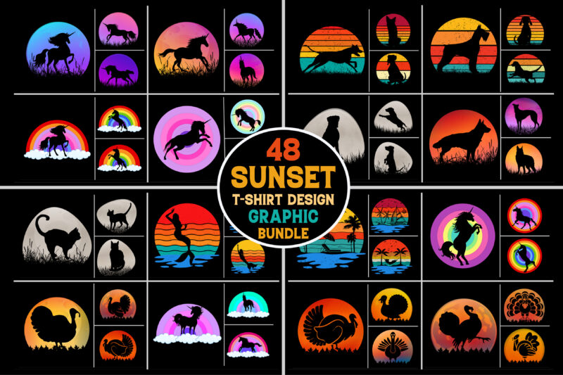 Sunset Retro Vintage T-Shirt Design Graphic Vector Background Bundle