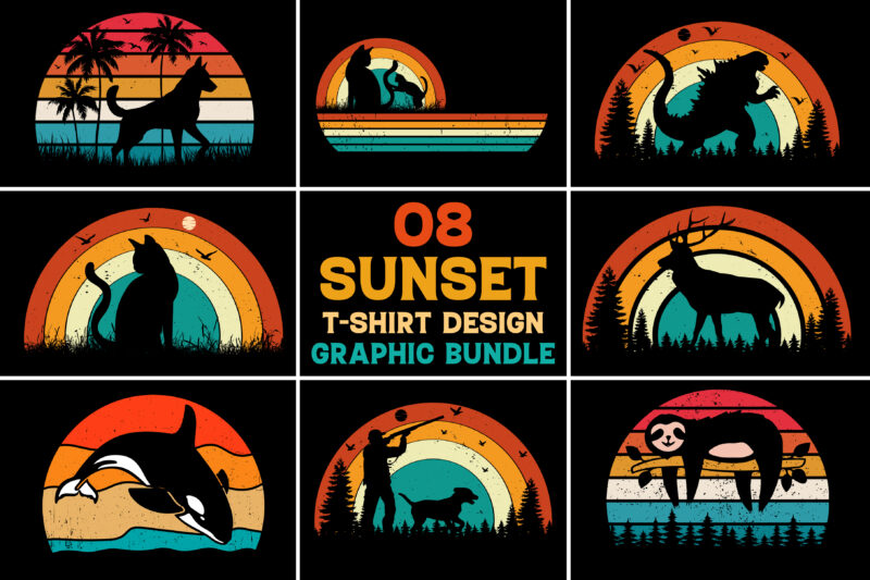 Sunset Retro Vintage T-Shirt Design Graphic Vector Bundle