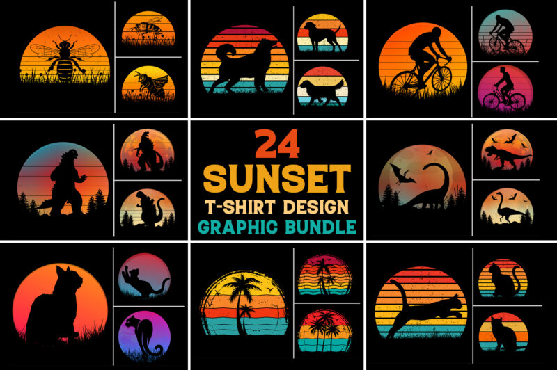 Sunset Retro Vintage T-Shirt Design Graphic Vector Background Bundle