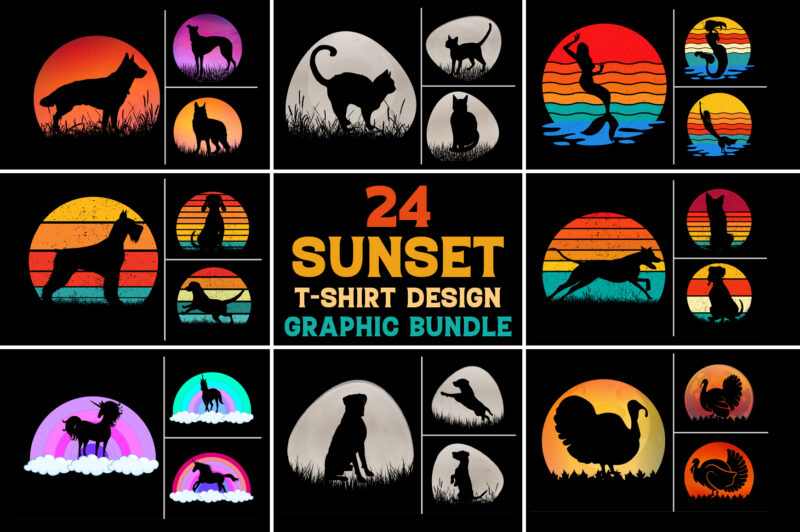 Sunset Retro Vintage T-Shirt Design Graphic Vector Background Bundle