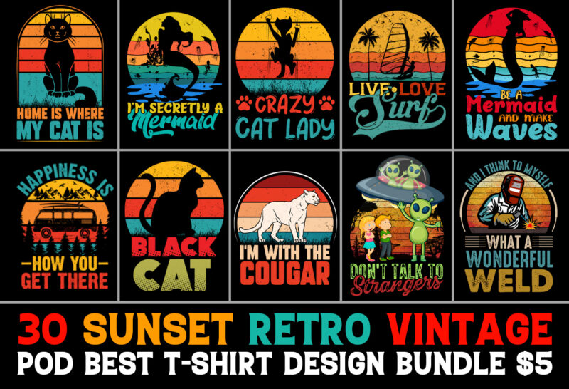 120 Retro Vintage Sunset T-Shirt Design Mega Bundle