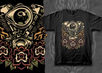 Harley machine with fired roses graphic t shirt