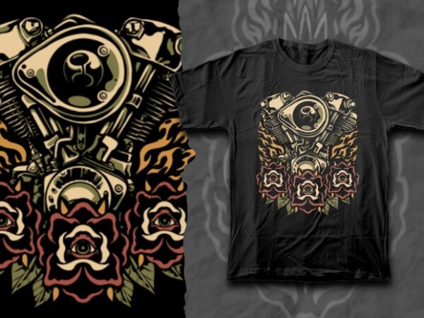 Harley machine with fired roses graphic t shirt