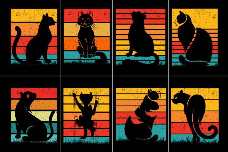 Cat Retro Vintage Sunset T-Shirt Graphic Bundle