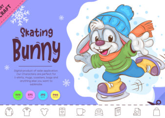 Winter Bunny Skating. Clipart t shirt design for sale