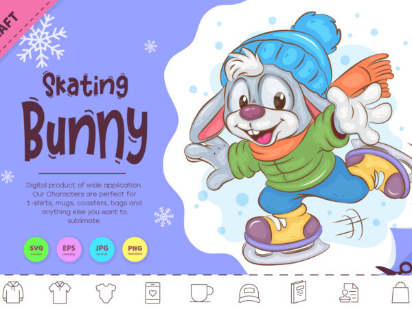 Winter bunny skating. clipart t shirt design for sale