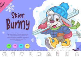 Winter Bunny Skier. Clipart t shirt design for sale