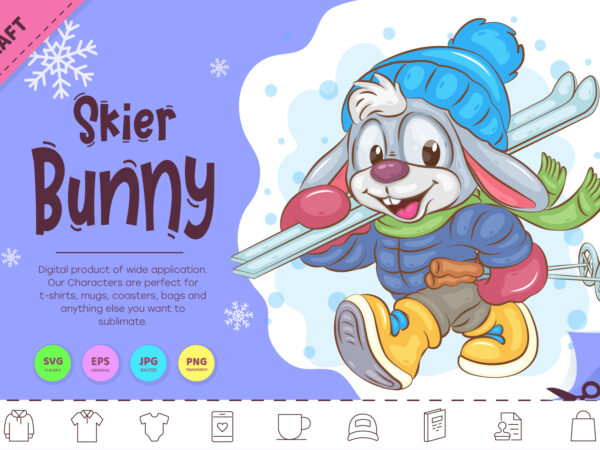 Winter bunny skier. clipart t shirt design for sale