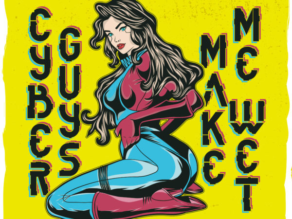 Cyberpunk sexy girl wearing a costume, holografic font t shirt vector file