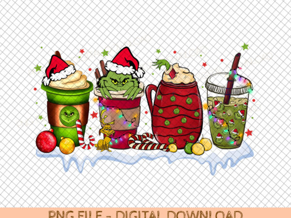 Grinchtmas coffee png, peppermint iced latte green red sweets snow cozy winter women sublimation design hand drawn printable file tshirt