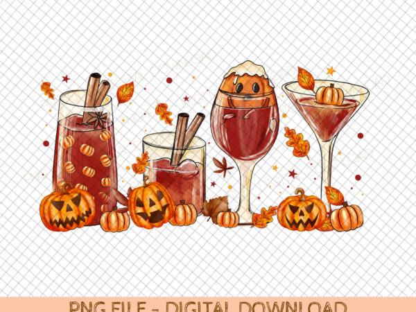 Fall wine glasses png files pumpkin mulled wine iced warm cozy autumn orange digital sublimation design hand drawn printable